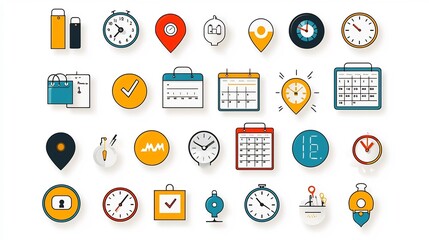 Leinwandbilder - Collection of vibrant icons and symbols related to scheduling planning and time management  Includes elements like location pins digital clocks day planners and other organizational tools