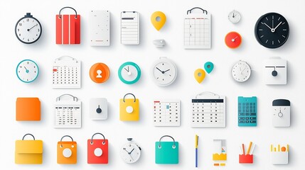 Leinwandbilder - Comprehensive collection of vibrant icons related to scheduling time management and daily organization  Includes symbols like location pins digital clocks