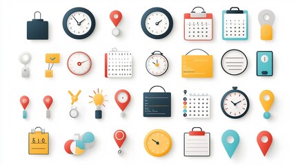 Leinwandbilder - Collection of vibrant icons representing various scheduling planning and productivity management tools including digital clocks location pins day planners calendars and to do lists