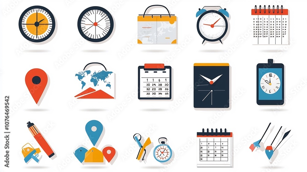 Timemap Icon Colorful icon set with symbols representing location time and date ...