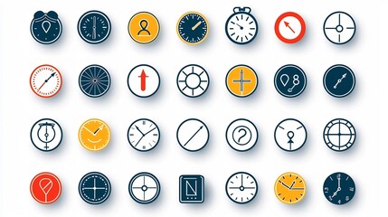 Aufkleber - Vibrant icon set with modern minimalist designs showcasing location time and date symbols such as map pointers desk clocks and marked calendar dates  Ideal for use in digital interfaces