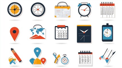 Leinwandbilder - Colorful icon set with symbols representing location time and date management tools like map markers clock faces and calendar highlights  Ideal for user interface infographic