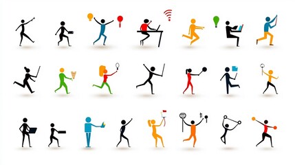 Aufkleber - Minimalist Icon Set Depicting Individuals in Various Everyday Activities and Interactions Such as Working Exercising and Socializing with a Simple Flat Design Style