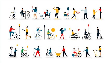 Poster - Set of minimalist icons featuring individuals in different activities such as working exercising and socializing