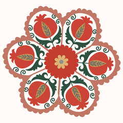Circle shape suzani pattern - traditional art object in Uzbekistan. Digital patterns for textiles and fabrics. Uzbekistan culture.	