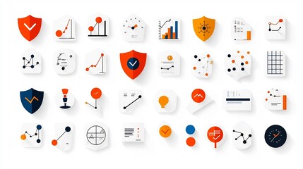 Poster - Collection of 64x64 pixel perfect icons with editable stroke representing various risk management concepts such as shields graphs and warning signs  These minimalist