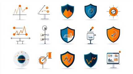 Poster - Minimalist line icons in a 64x64 pixel perfect style with editable stroke covering essential risk management and data analysis concepts such as shields data analysis symbols and caution symbols