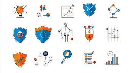 Poster - Pixel Perfect Line Icons Covering Risk Management Concepts such as Shields Data Analysis and Caution Symbols in an Editable Style