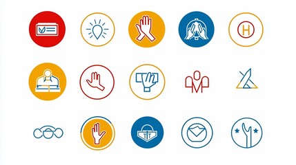 Poster - Colorful icons showcasing community support symbols like helping hands support circles and volunteers with simple line art and friendly colors  These icons represent themes of social responsibility