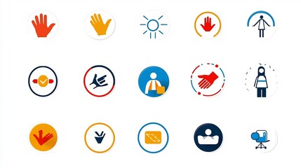 Poster - icons in friendly colors and simple lines depicting community support symbols and concepts such as helping hands support circles volunteers and other visual representations of aid charity