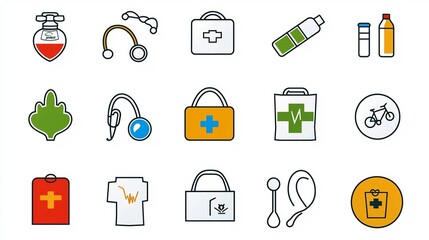 Aufkleber - Diverse icons and symbols showcasing various forms of charitable work including child support medical assistance and environmental conservation efforts all depicted with smooth stylized lines
