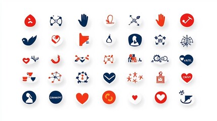 Poster - Set of minimal icons and symbols representing the values of kindness community connection and global unity  Emphasizing the importance of charity compassion and altruism