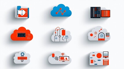 Aufkleber - Collection of clean and minimal icons representing cloud network technology concepts such as secure connections global servers and data access  These modern graphics can be used for digital services