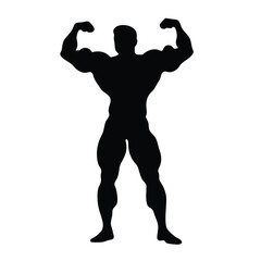Wall Mural - A man with a muscular build is standing in a black and white photo. He is flexing his biceps and is wearing a black shirt