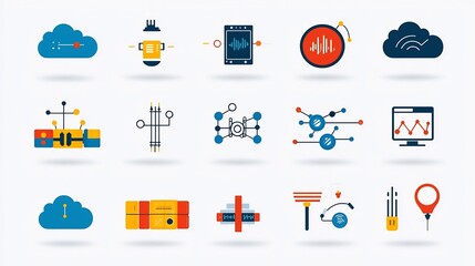 Leinwandbilder - Comprehensive Icon Set Depicting Cloud Computing and Network Architecture Concepts Including Data Transfer Scalable Services and Other Tech Themed Symbols