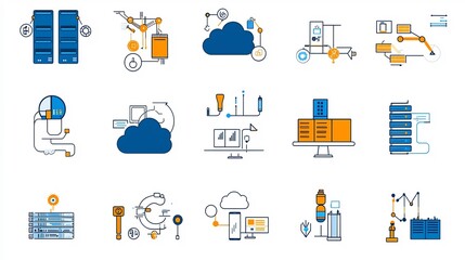 Aufkleber - Comprehensive set of icons representing cloud management and resource optimization features highlighting load balancing automated workflows