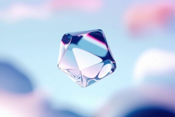 Poster - A translucent  multifaceted geometric shape floats against a soft blue and pink backdrop.