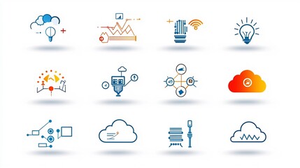 Fototapete - Elegant Minimalist Icons Depicting Various Cloud Computing Capabilities Such as App Hosting Resource Allocation and Data Processing for Modern Digital Solutions