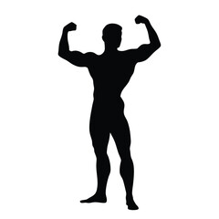 Wall Mural - A man with a muscular build is standing in a black and white photo. He is flexing his biceps and is wearing a black shirt