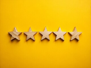 Poster - Five Wooden Stars in a Row on a Vibrant Yellow Background Symbolizing Ratings and Reviews in a Minimalist Flat Lay Style for Creative and Marketing Use
