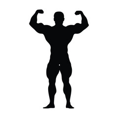 Wall Mural - A man with a muscular build is standing in a black and white photo. He is flexing his biceps and is wearing a black shirt
