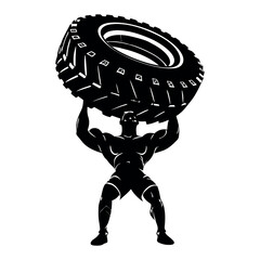 Wall Mural - A man is lifting a tire. The tire is black and white. The man is wearing shorts