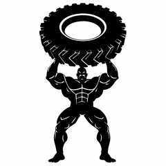 Wall Mural - A man is lifting a tire. The tire is black and white. The man is wearing shorts