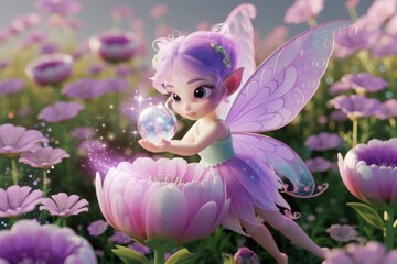 Poster - A whimsical fairy with purple wings holds a glowing orb in a field of pink flowers.