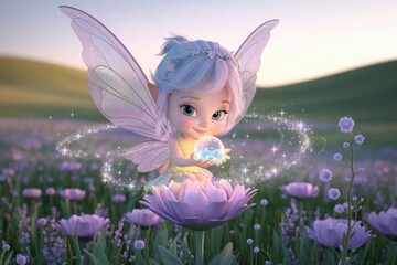 Poster - A cute fairy with wings holding a glowing orb  surrounded by purple flowers.