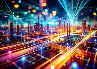 Poster - Futuristic Digital Space Featuring High-Speed Data Transfer with Tilt-Shift Photography Effects, Showcasing Dynamic Connections Between Nodes in a Vibrant Network Environment