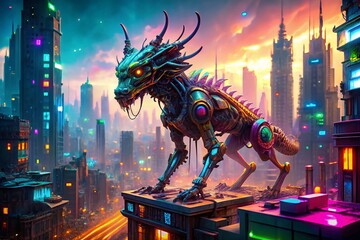 Poster - Futuristic Drone Photography of a Cybernetic Creature in a Neon Cityscape, Showcasing Advanced Technology and Imaginative Design for Science Fiction Enthusiasts