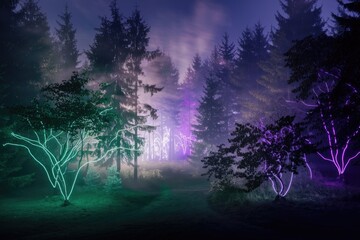 Aufkleber - A mystical forest scene with glowing lights in the trees and fog.