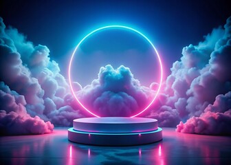 Poster - Futuristic Neon Circle Surrounded by Ethereal Clouds on a Podium, Ideal for Sci-Fi Themes, Digital Art Projects, and Modern Backgrounds
