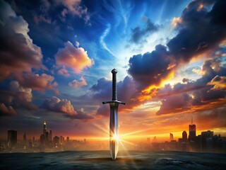 Aufkleber - Futuristic Sword Silhouette Against a Dusk Sky: A Majestic Display of Strength and Technology in a Sci-Fi Landscape