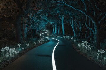 Poster - A winding road through a dark forest  illuminated by glowing mushrooms.
