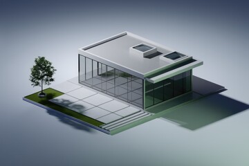 Aufkleber - Modern glass house with a flat roof and a small tree in front of it