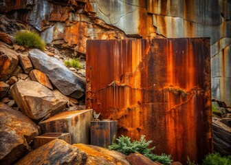 Poster - Grunge Landscape Photography Featuring Rusty Orange and Brown Corten Steel Against a Stone Background for Industrial and Nature Fusion Imagery