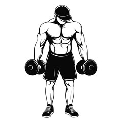 Wall Mural - A man is lifting weights. He is holding two dumbbells in each hand. He is wearing a black hat