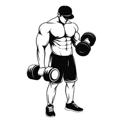Wall Mural - A man is lifting weights. He is holding two dumbbells in each hand. He is wearing a black hat