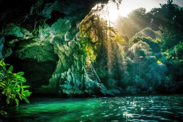 Poster - Sun rays illuminate a lush  green cave entrance with a tranquil pool of water.
