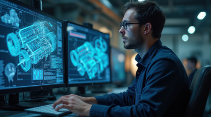 Technical specialist analyzes complex models on dual computer screens