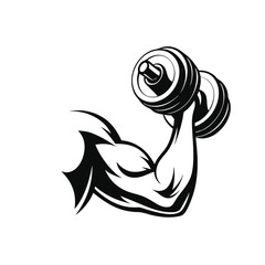 Wall Mural - A black and white illustration of a man lifting a dumbbell. The dumbbell is in the middle of the photo and is the main focus