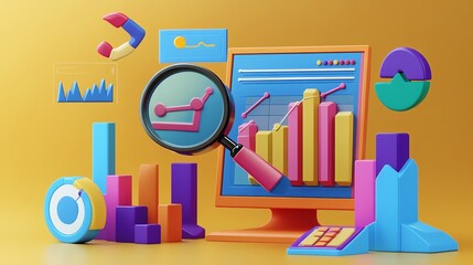 Poster - A colorful 3D illustration of a computer monitor displaying a line graph with a magnifying glass in front.