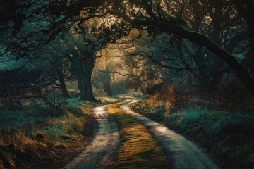 Aufkleber - A winding path through a dense forest  sunlight filtering through the canopy