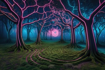 Poster - A mystical forest at night with glowing trees and a swirling circle of light in the distance.