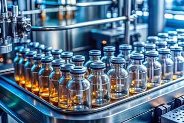 Poster - High-Resolution Macro Photography of Medical Vials on an Automated Production Line in a Pharmaceutical Factory, Showcasing Glass Bottle Manufacturing Machinery in Action