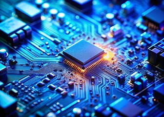 Poster - High-Tech Blue Circuit Board with Microchip: A Tilt-Shift Photography Perspective on Digital Electronics and Advanced Technology in a Modern Digital Landscape