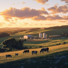 A group of cows in a pasture near a farm