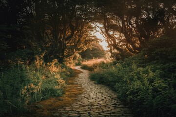 Poster - A winding stone path through a forest leads to a bright sunset.