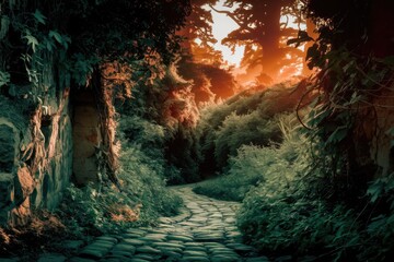 Aufkleber - A stone path winds through a lush  green forest  sunlight filtering through the canopy.